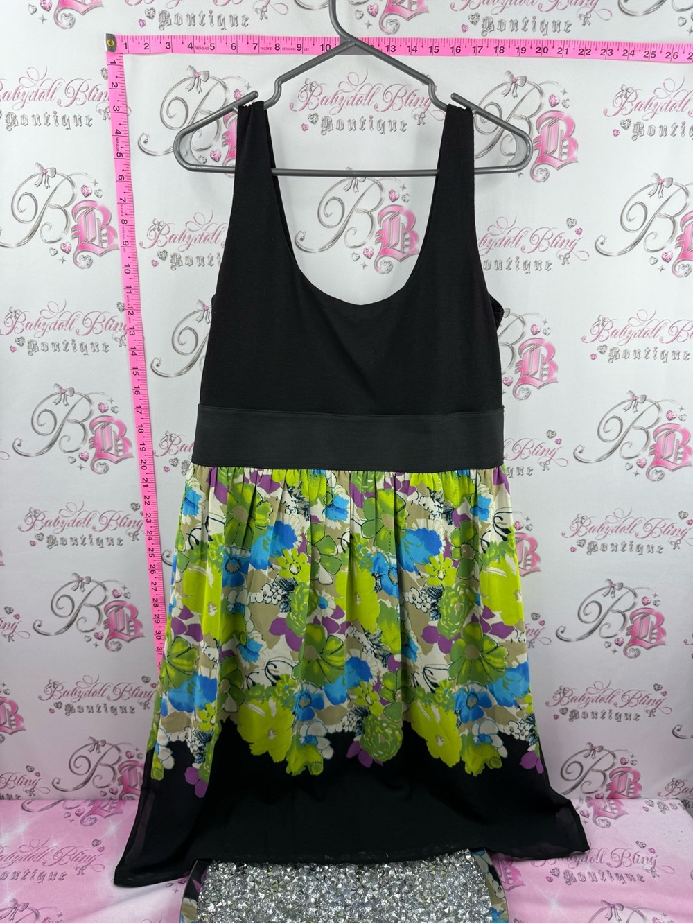 JOHNATHON MARTIN dress Black Floral-Print Tank Dress - Black with Green & Blue